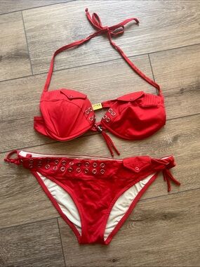Vintage Dior Red Cargo Eyelet-Trim Bikini Set